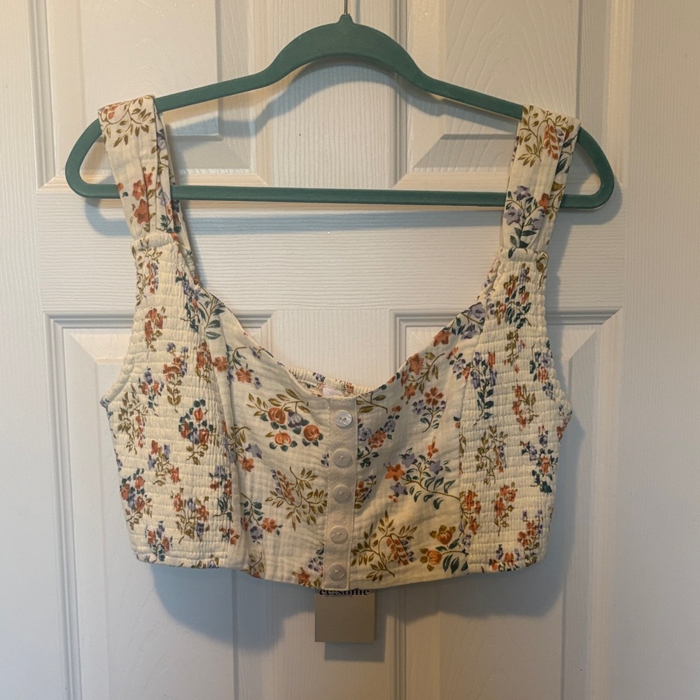 Floral Button-Front Crop Top - White